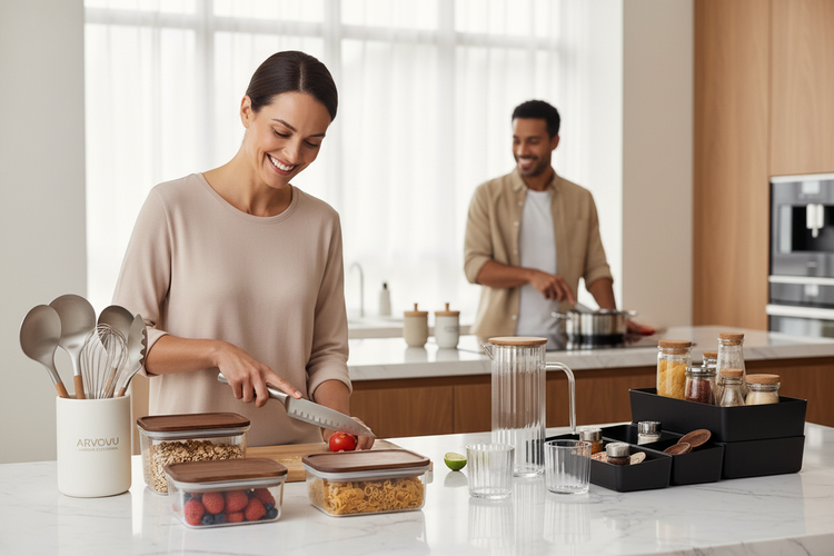 Kitchen Essentials collection featuring kitchen gadgets, cooking tools, food storage containers, drinkware and kitchen organizers by Arvou.