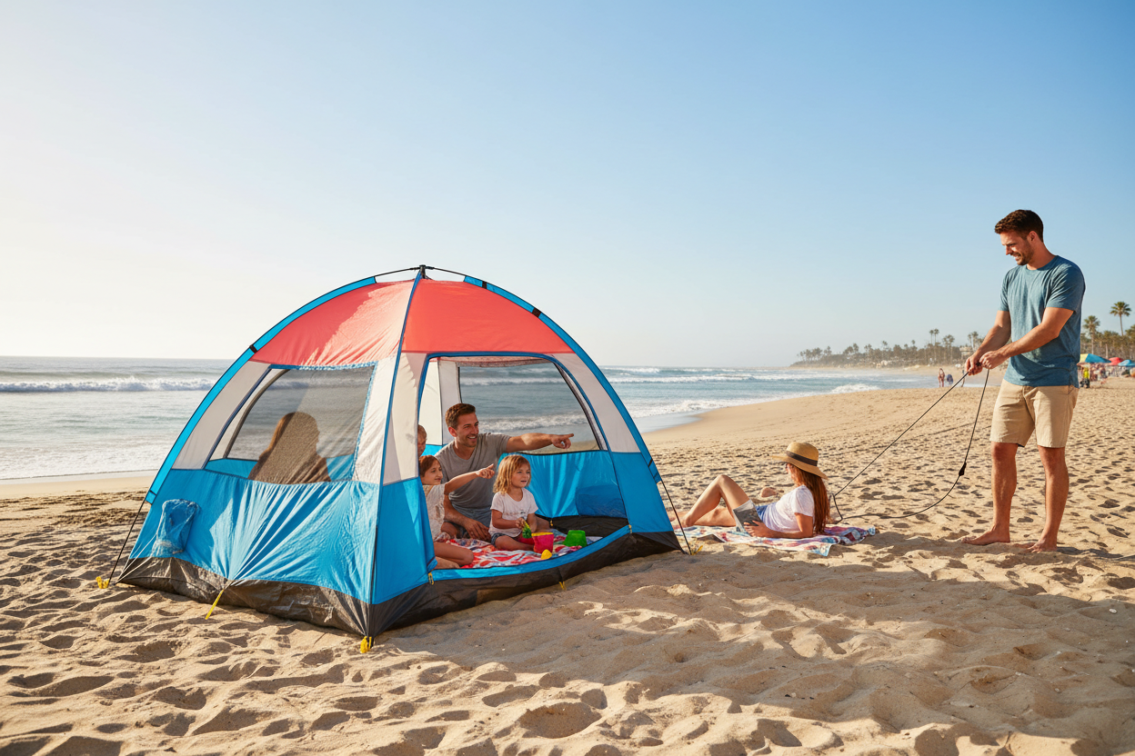 Pop-up beach tent on sandy beach providing sun shade and UV protection for summer outdoor relaxation