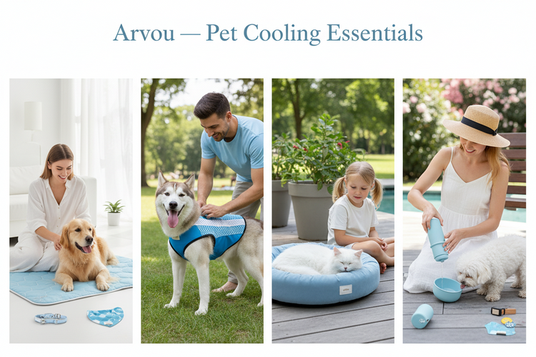 Pet Cooling Essentials featuring cooling mats, cooling vests, cooling beds, portable water bottles and summer accessories for dogs and cats by Arvou.