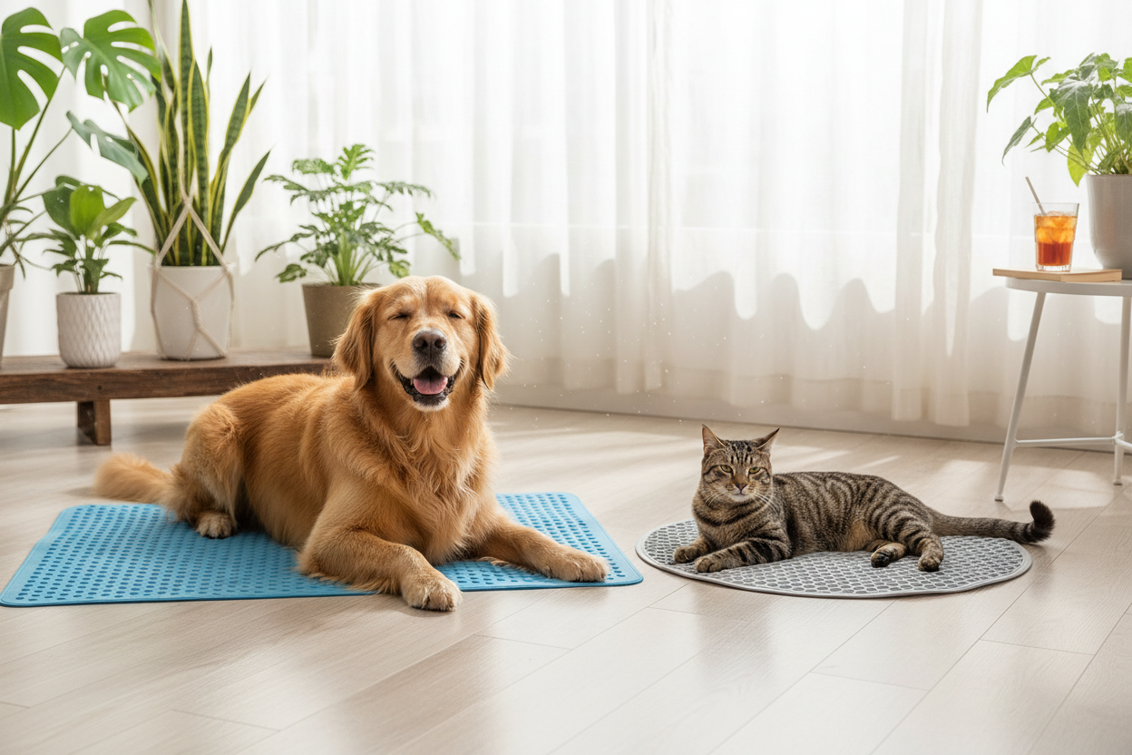 Pet cooling mat for dogs and cats placed indoors for summer comfort and heat relief