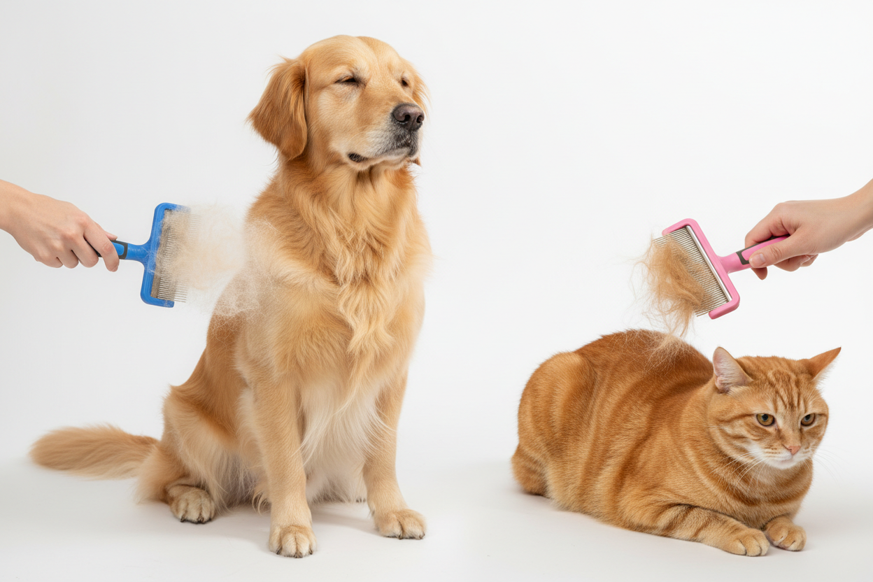 Pet grooming brush for dogs and cats used for daily coat care and loose hair removal