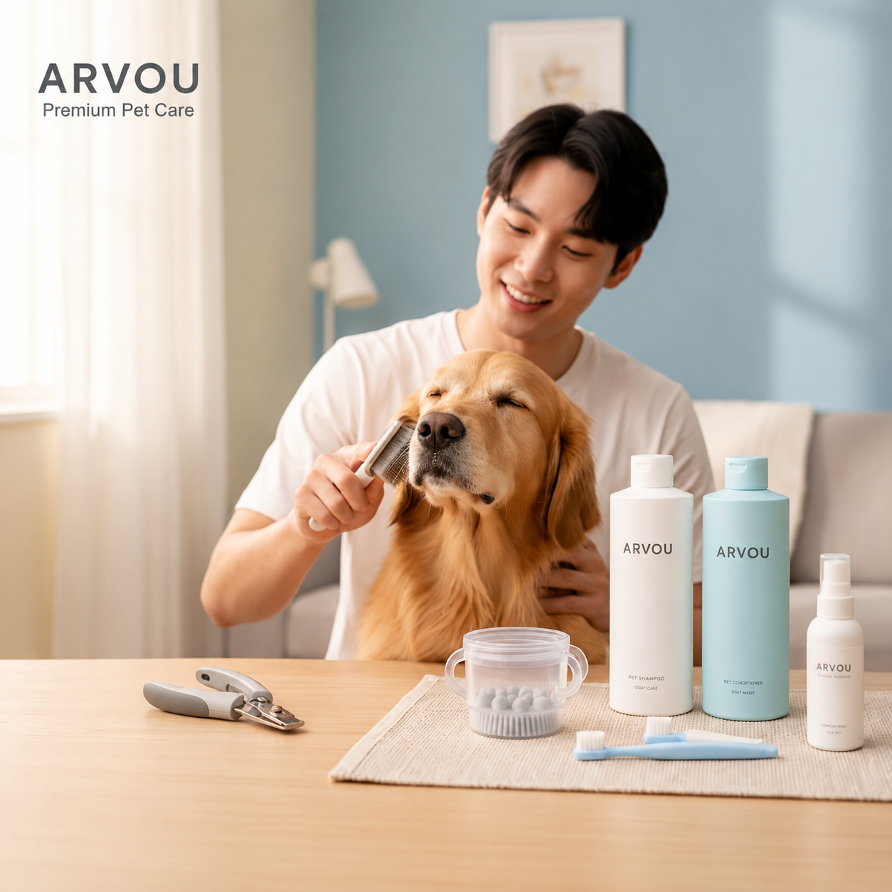 Man grooming golden retriever with ARVOU pet care products on table.