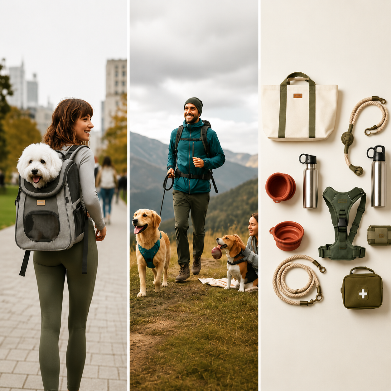 Pet Travel & Outdoor Collection featuring pet carriers, travel bags, portable water bottles, leashes, harnesses and outdoor accessories by Arvou.