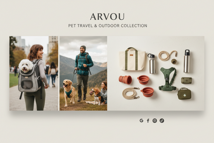 Pet Travel & Outdoor Collection featuring pet carriers, travel bags, portable water bottles, leashes, harnesses and outdoor accessories by Arvou.