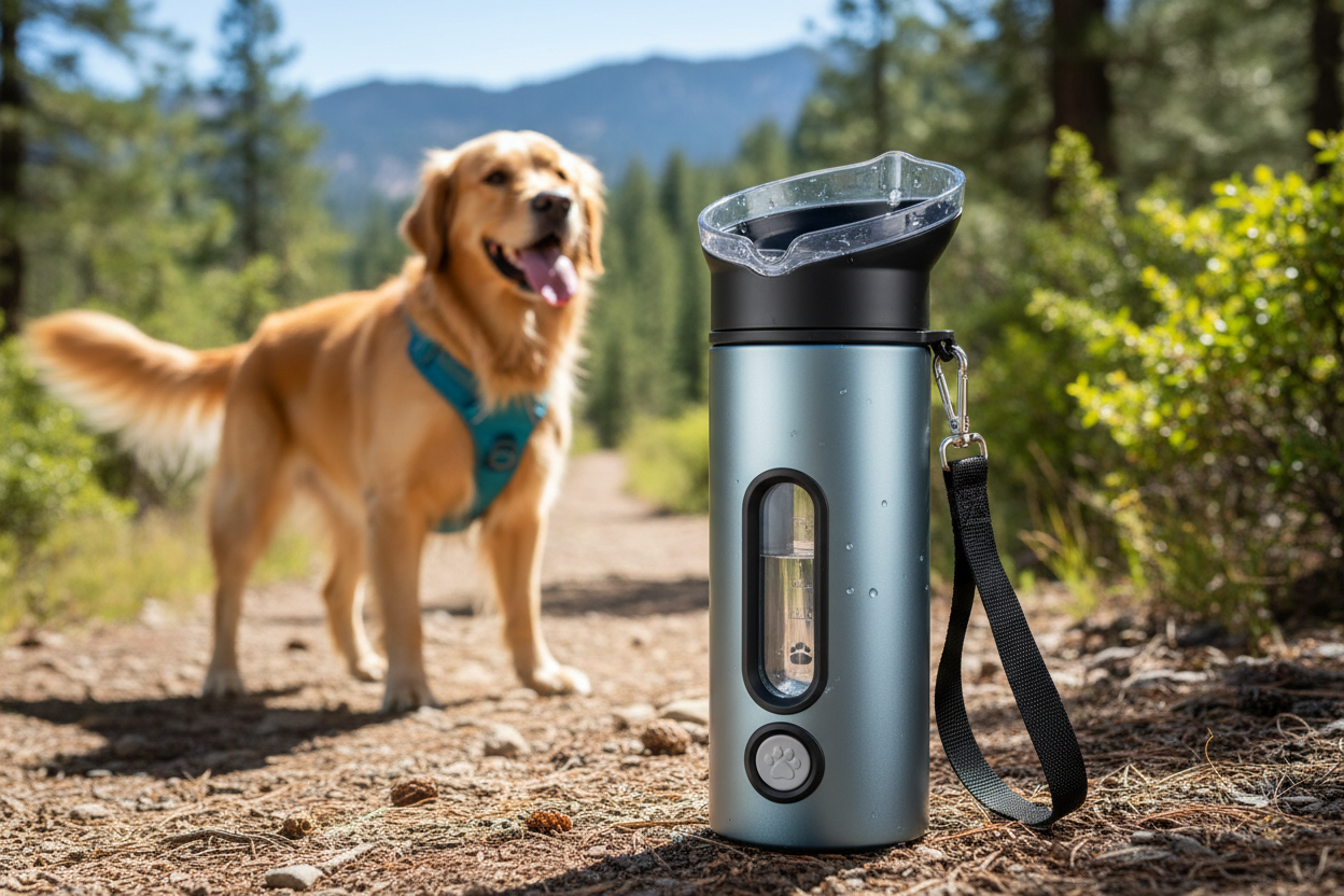 Portable pet water bottle for dogs used outdoors during walks and travel