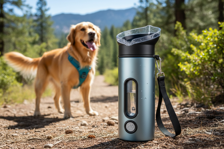 Portable pet water bottle for dogs used outdoors during walks and travel