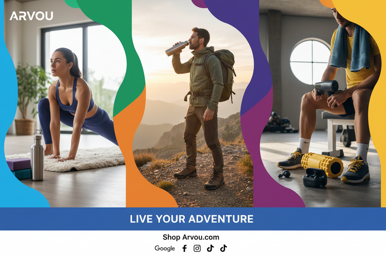 Active Lifestyle collection featuring outdoor essentials, fitness equipment, hydration bottles, yoga accessories and recovery tools for everyday wellness by Arvou.