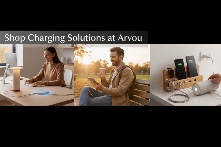 Charging Solutions collection featuring fast chargers, wireless chargers, power banks, charging stations, USB chargers and charging cables by Arvou.