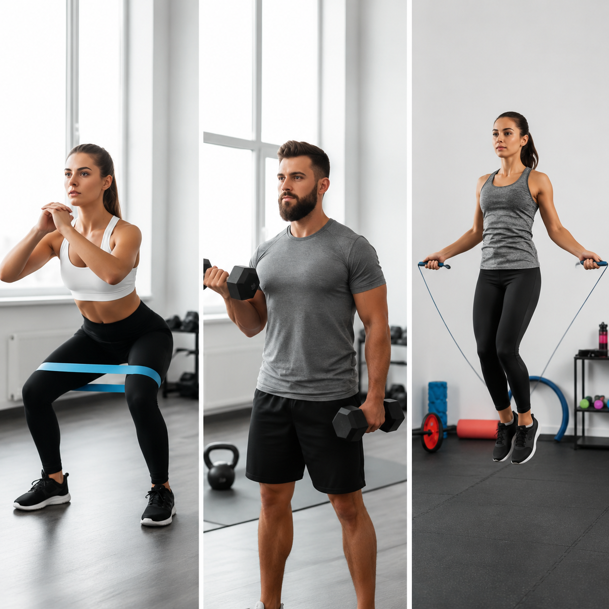 Fitness Equipment collection featuring resistance bands, dumbbells, kettlebells, jump ropes, home gym equipment and workout accessories by Arvou.