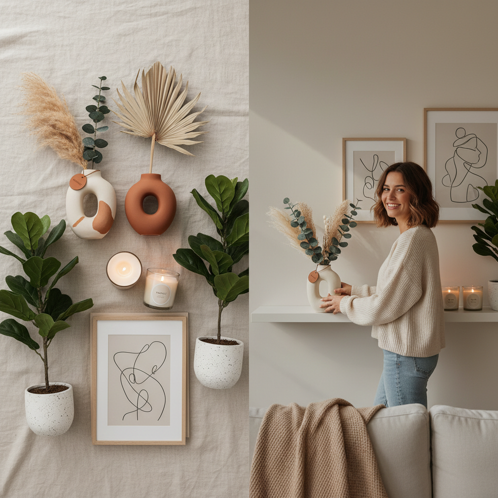 Home Décor collection featuring wall décor, decorative vases, artificial plants, candles, decorative lighting and modern home accessories by Arvou.