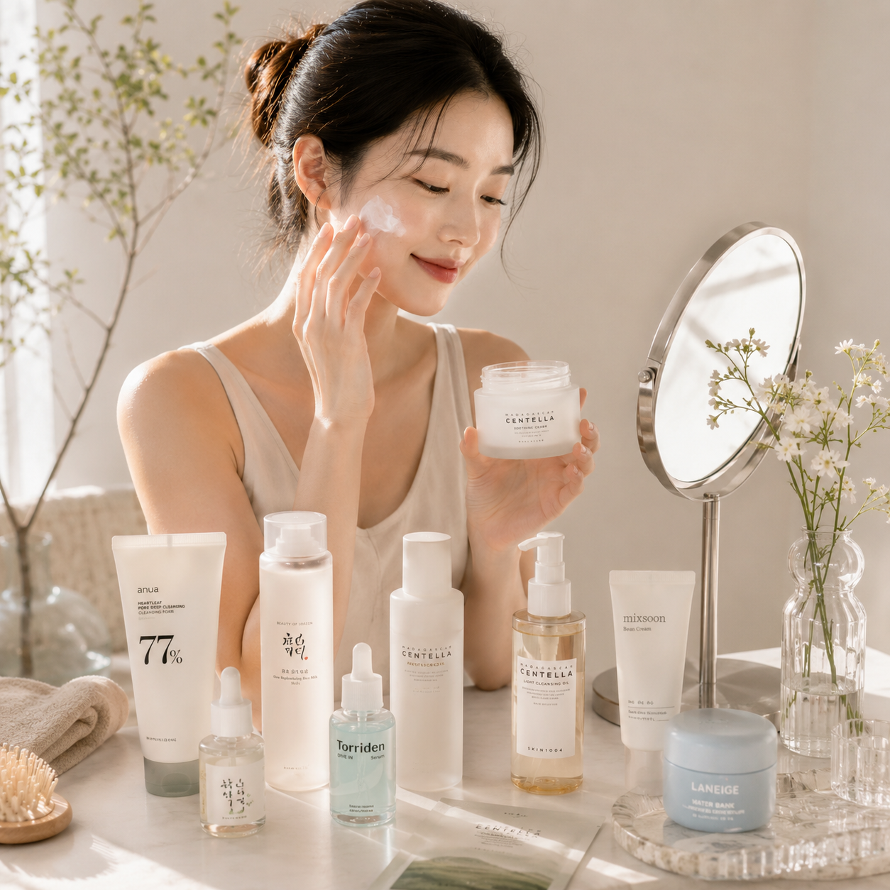 YYoung woman using premium Korean skincare products during a K-Beauty skincare routine with facial cleanser, serum and beauty essentials.