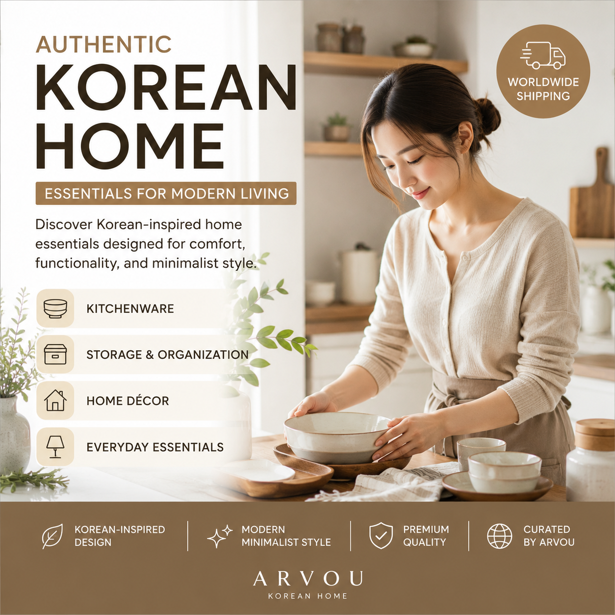 Woman decorating a modern Korean-inspired home with ceramic tableware, minimalist home décor and everyday Korean home essentials by Arvou.