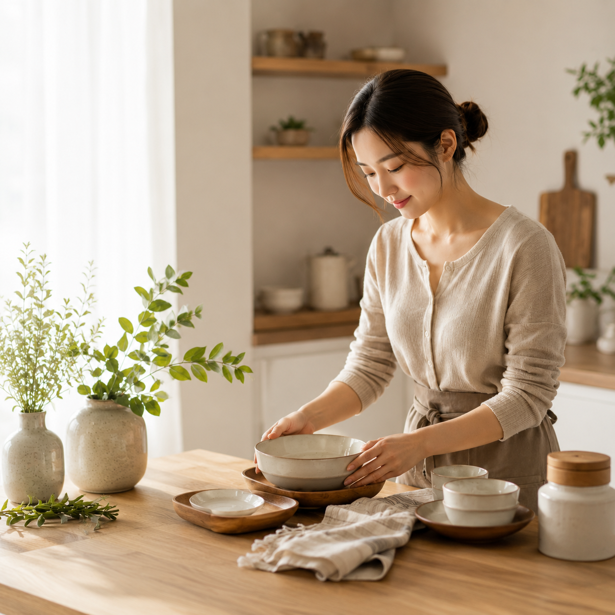 Woman decorating a modern Korean-inspired home with ceramic tableware, minimalist home décor and everyday Korean home essentials by Arvou.