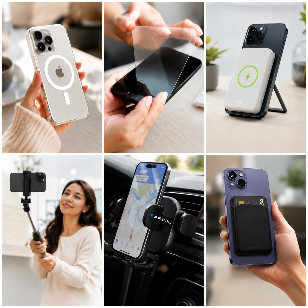 Phone accessories collage: cases, mounts, screen protector, and charging gear in clean lifestyle setups.