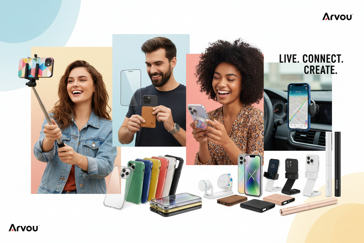 Mobile Accessories collection featuring phone cases, screen protectors, MagSafe accessories, phone holders, selfie sticks and smartphone accessories by Arvou.