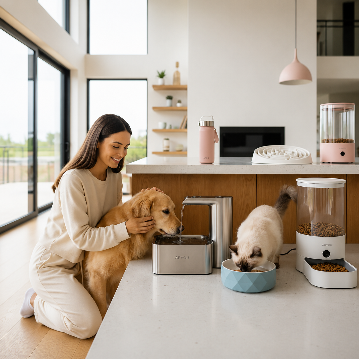 Pet Feeding & Hydration Collection featuring food bowls, automatic feeders, water fountains, portable water bottles and feeding accessories by Arvou