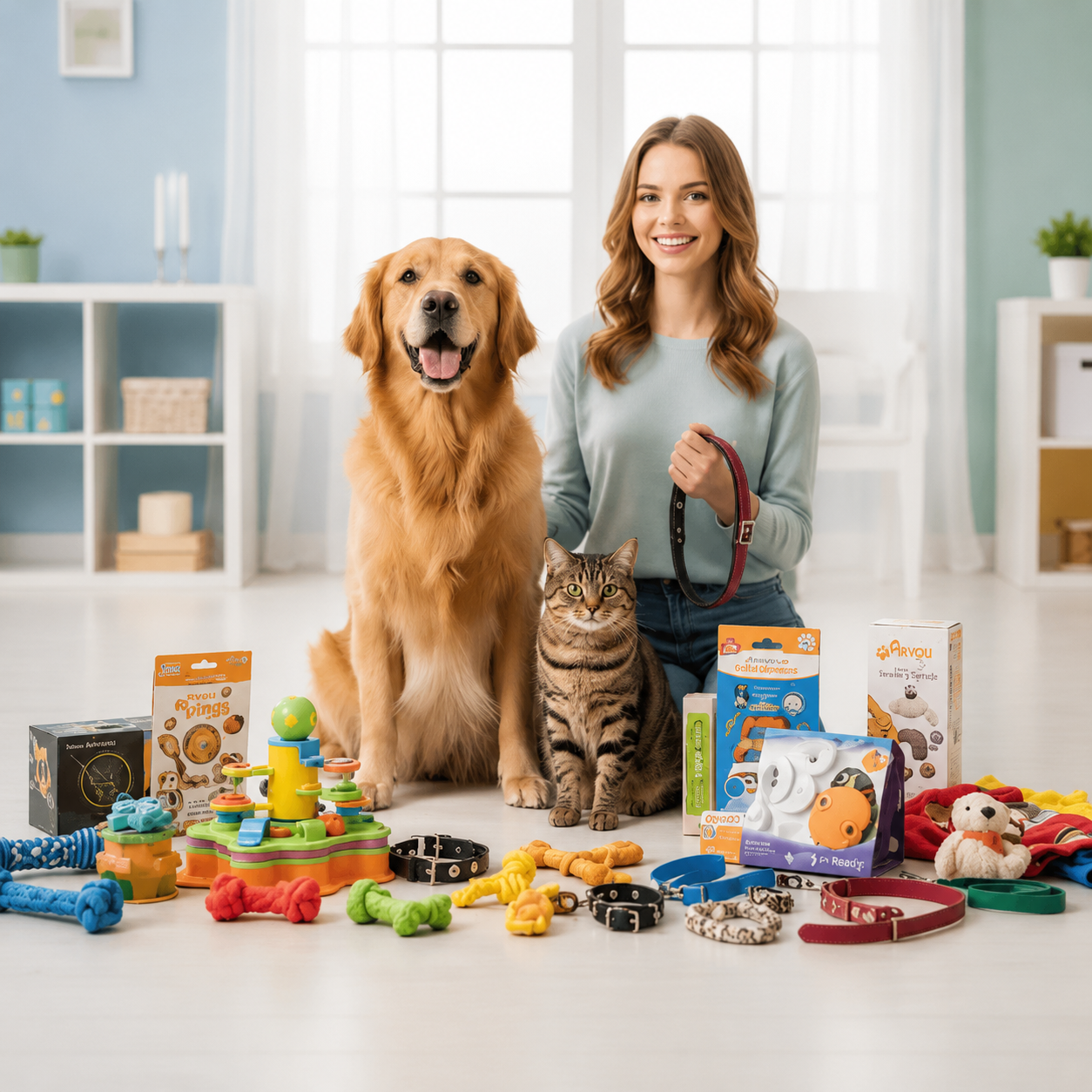 Pet Toys & Accessories Collection featuring interactive toys, chew toys, plush toys, collars, leashes and pet accessories by Arvou.