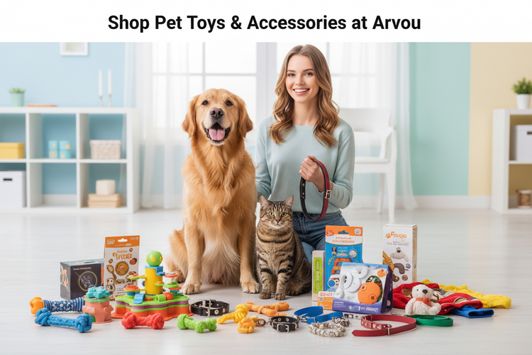Pet Toys & Accessories Collection featuring interactive toys, chew toys, plush toys, collars, leashes and pet accessories by Arvou.