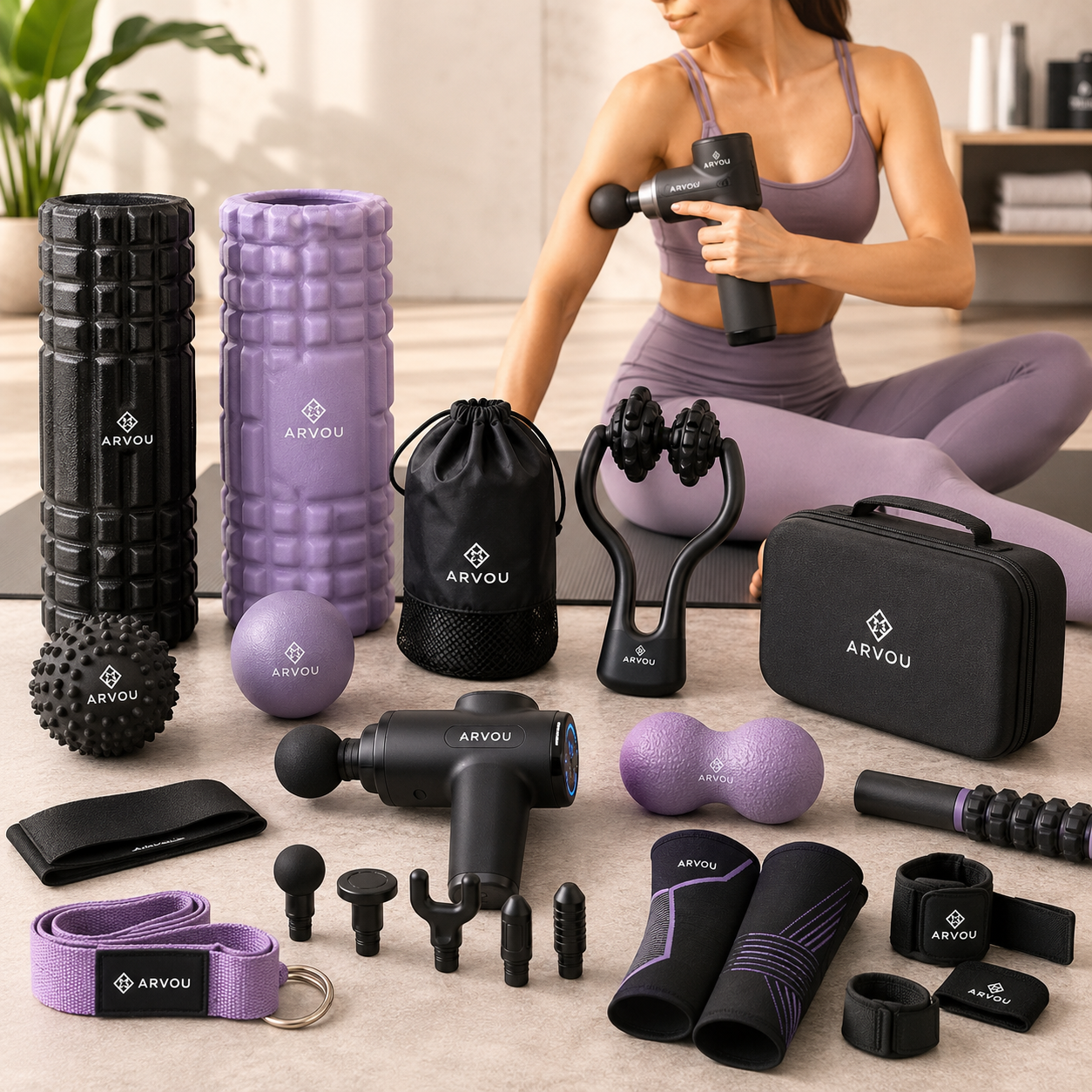 Recovery & Massage collection featuring massage guns, foam rollers, massage balls, stretching tools and muscle recovery accessories by Arvou.
