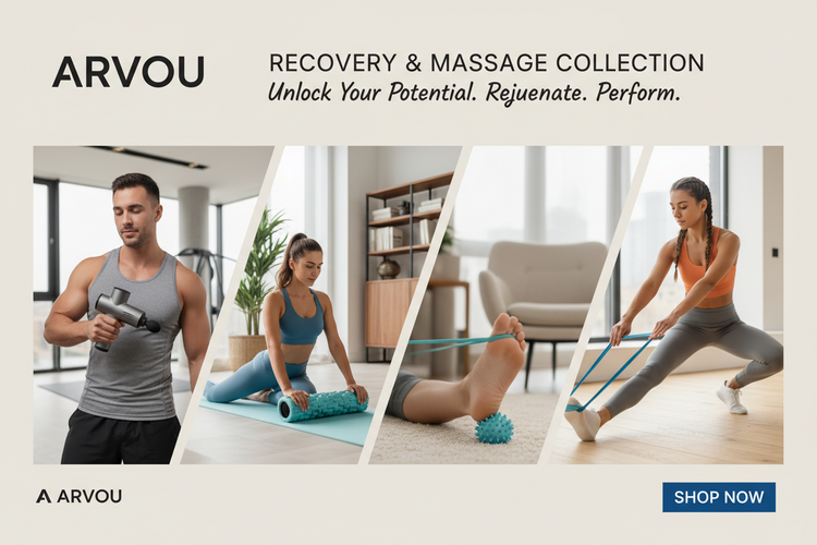 Recovery & Massage collection featuring massage guns, foam rollers, massage balls, stretching tools and muscle recovery accessories by Arvou.