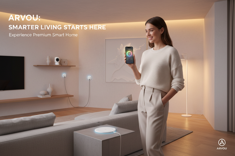 Smart Home collection featuring smart lighting, wireless chargers, smart plugs, home automation devices and smart home accessories by Arvou.