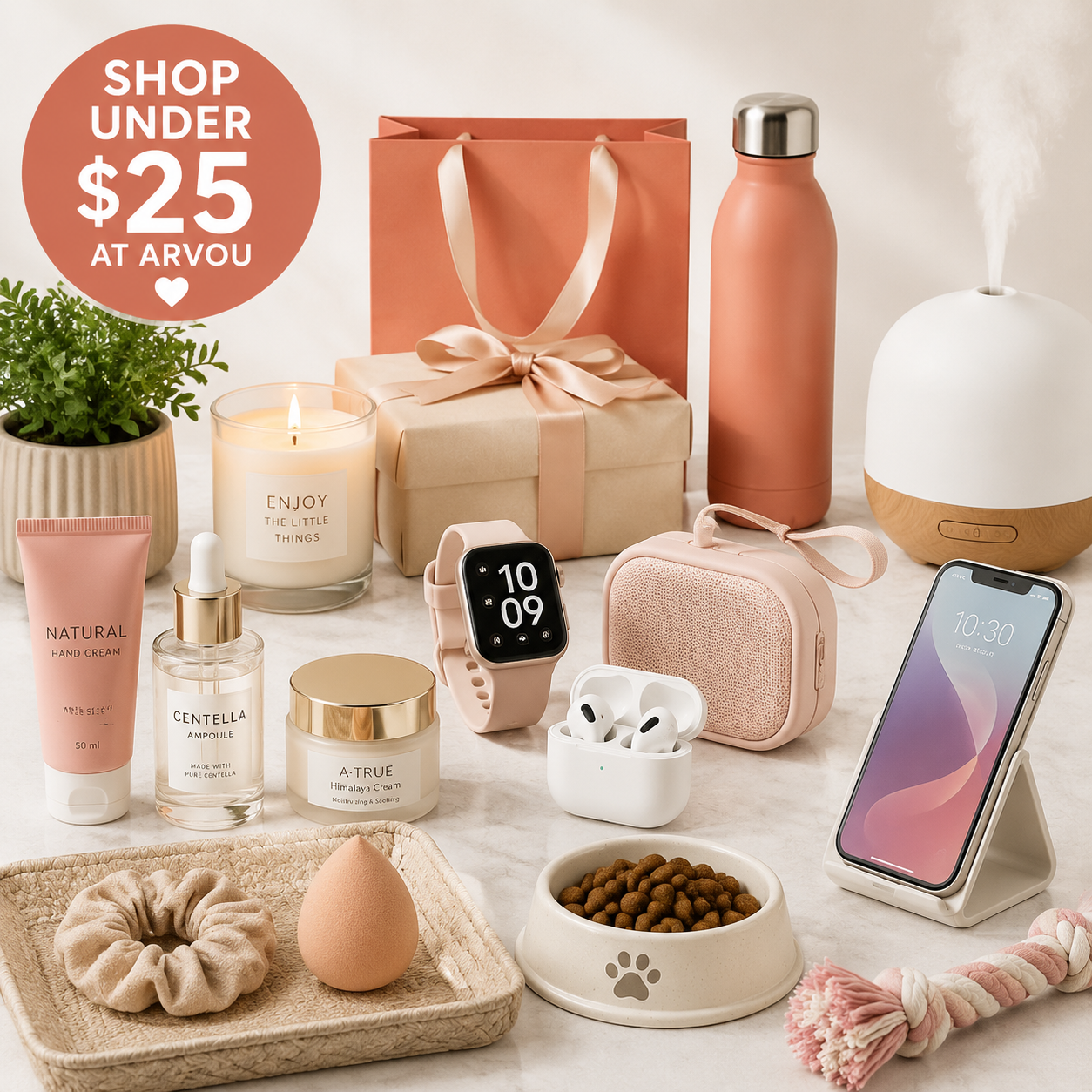 Under $25 collection featuring affordable beauty products, tech gadgets, home essentials, pet supplies and gift ideas by Arvou.