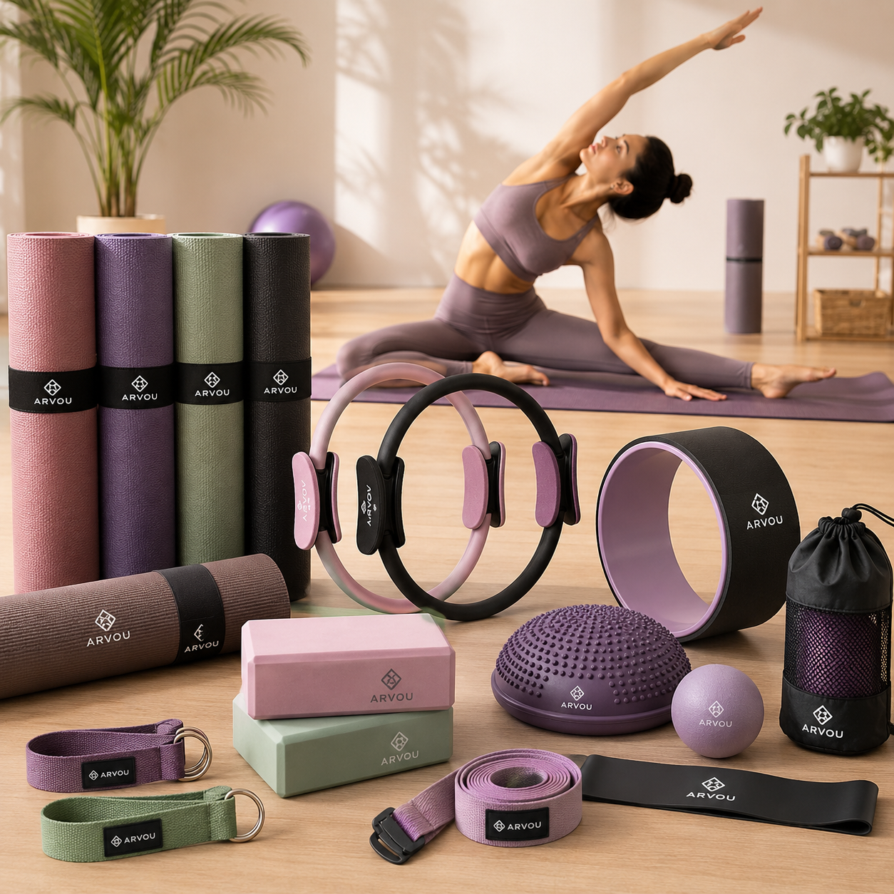 Yoga & Pilates collection featuring yoga mats, Pilates rings, yoga blocks, stretching straps, balance tools and fitness accessories by Arvou.