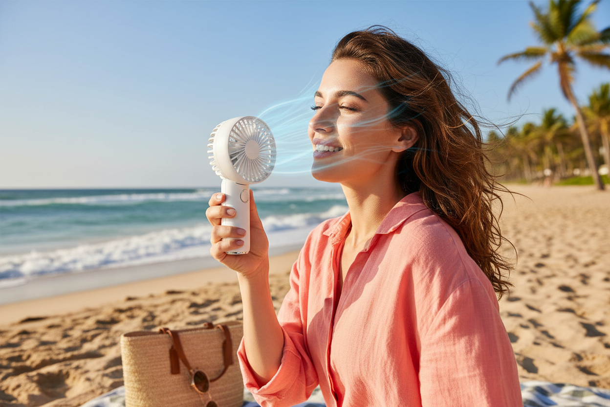 Portable mini fan on beach providing cooling airflow during hot summer outdoor conditions