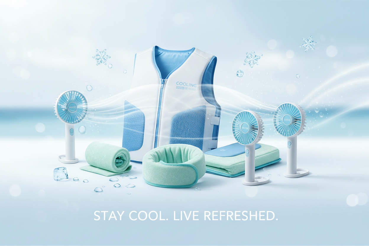 Personal cooling products including cooling vest, neck wrap, and portable fan for summer heat relief