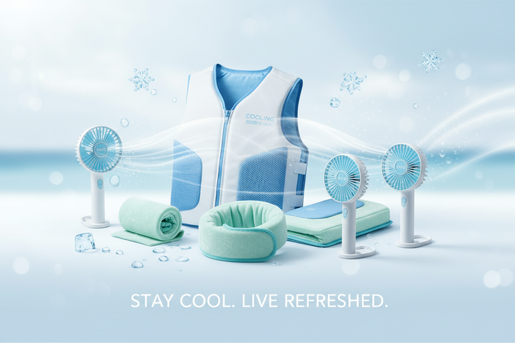 Personal cooling products including cooling vest, neck wrap, and portable fan for summer heat relief