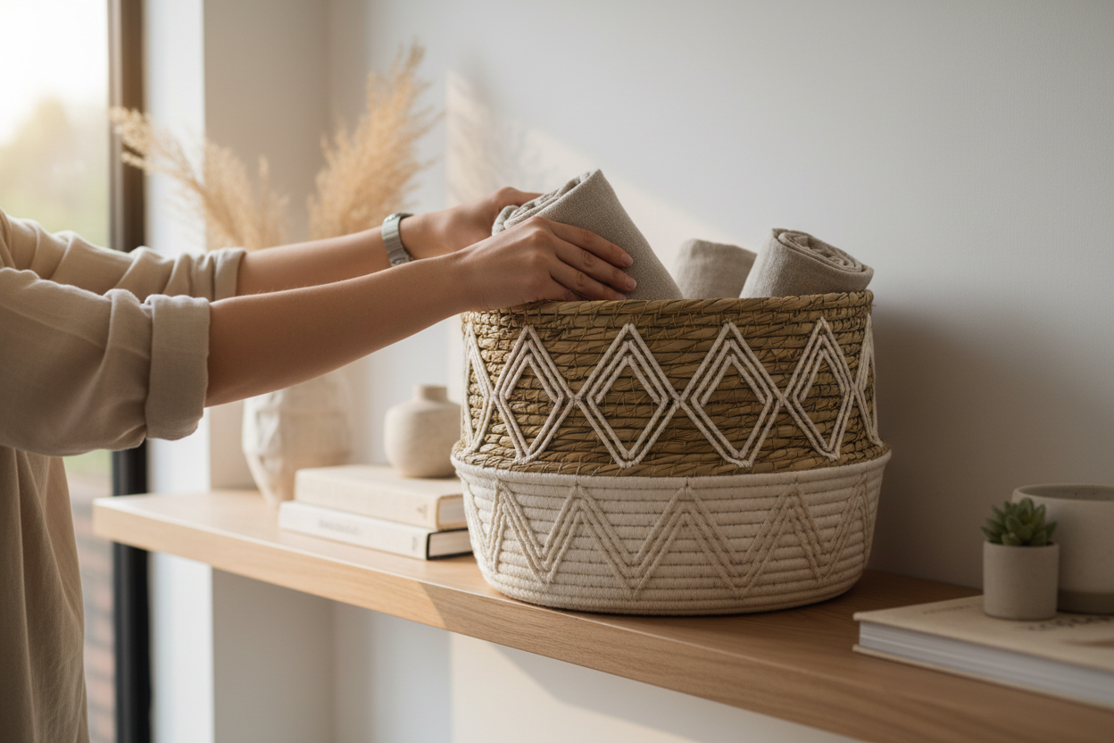 Storage basket styled in a modern home interior for decorative everyday organization