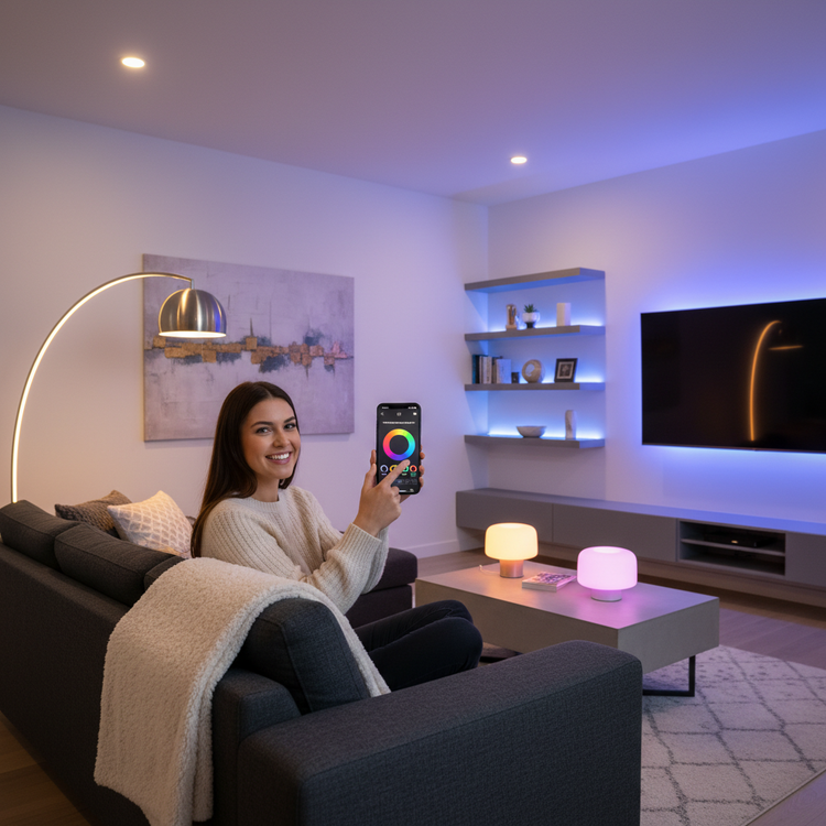Young woman adjusting smart RGB LED lights with smartphone app  in modern minimalist bedroom with blue and purple ambient lighting