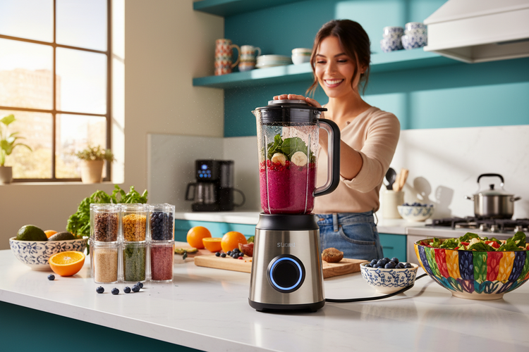 Trendy person using smart kitchen gadget in minimalist West Coast style home