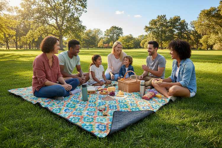 Waterproof picnic blanket spread on sandy beach for comfortable outdoor summer relaxation