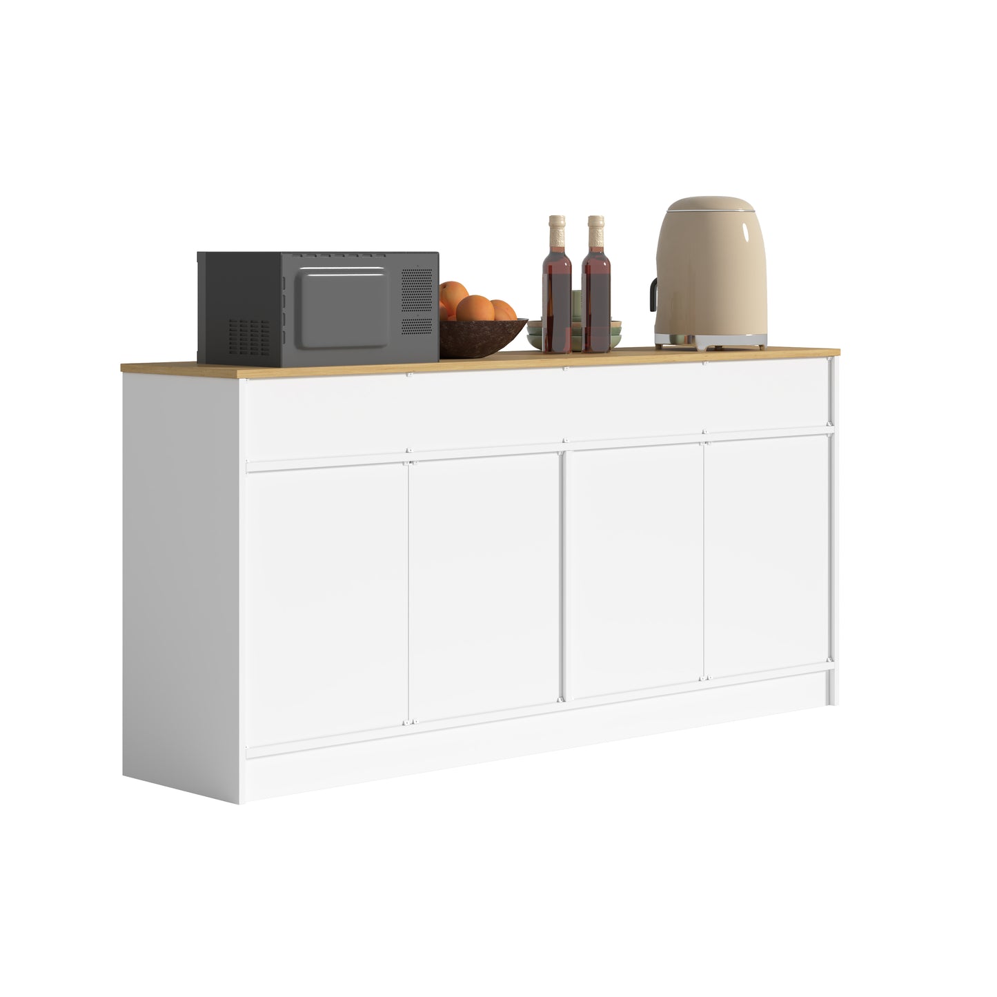 Kitchen Cabinet Sideboard With 3 Drawers & Adjustable Shelves, 160cm Kitchen Island With Wood Look Worktop, White, 76.5x160x37cm
