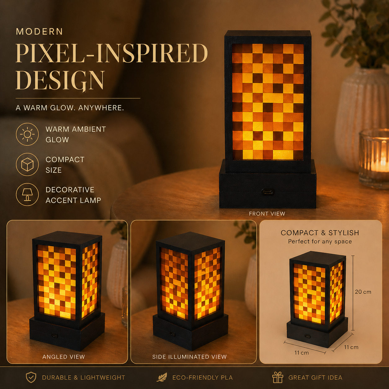 3D Printed Pixel Lamp, Rechargeable Touch Night Light, 3 Brightness Modes, Warm Ambient Desk Lamp, Bedside Decor Gift