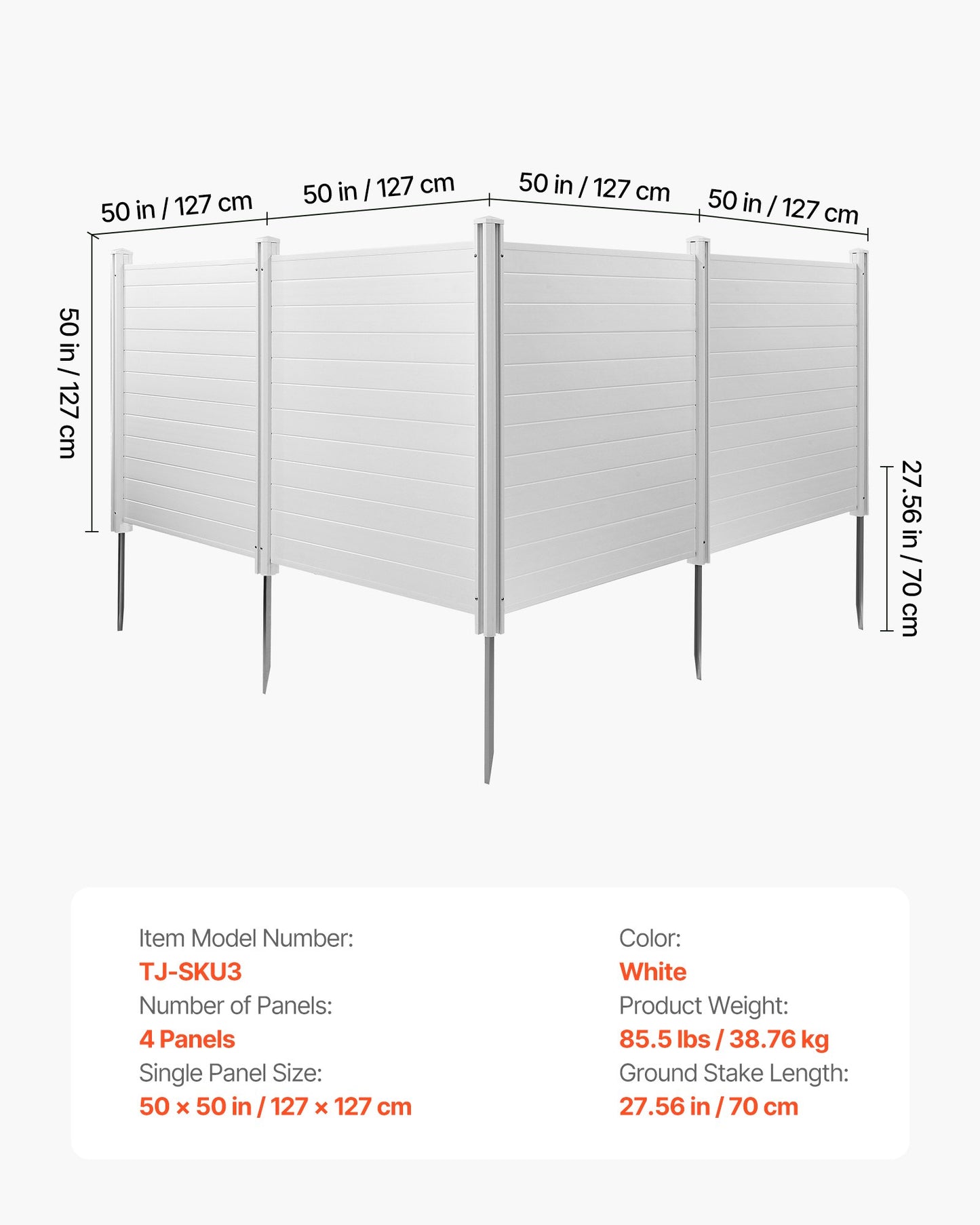 4 Panels Outdoor Privacy Screen, 50 X 50 In Air Conditioner Fence With 27.6 In Ground Stakes, Pool Equipment Enclosure, Horizontal Vinyl Privacy Fence, Ideal For Trash Can And A/C Units, White
