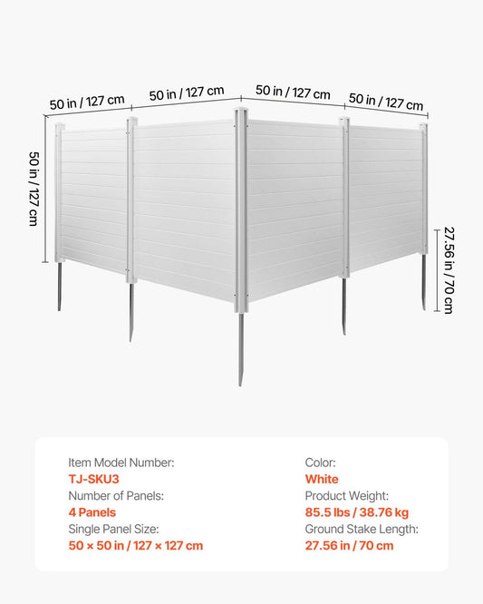4 Panels Outdoor Privacy Screen, 50 X 50 In Air Conditioner Fence With 27.6 In Ground Stakes, Pool Equipment Enclosure, Horizontal Vinyl Privacy Fence, Ideal For Trash Can And A/C Units, White