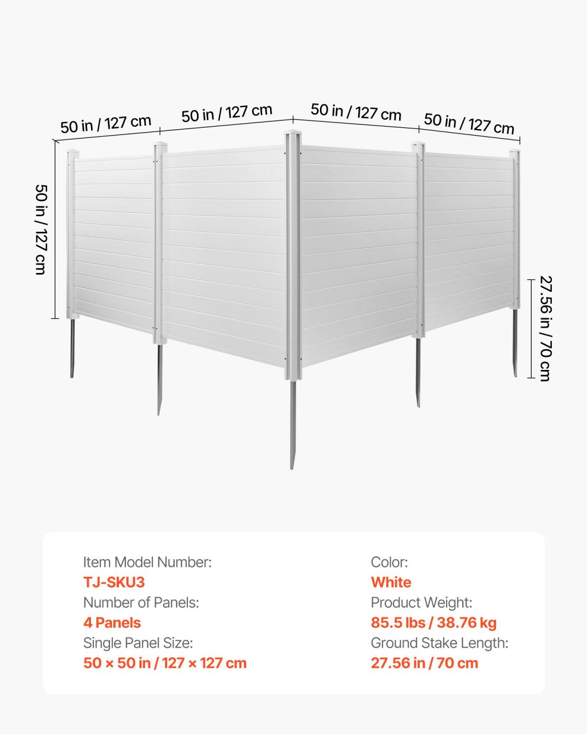 4 Panels Outdoor Privacy Screen, 50 X 50 In Air Conditioner Fence With 27.6 In Ground Stakes, Pool Equipment Enclosure, Horizontal Vinyl Privacy Fence, Ideal For Trash Can And A/C Units, White