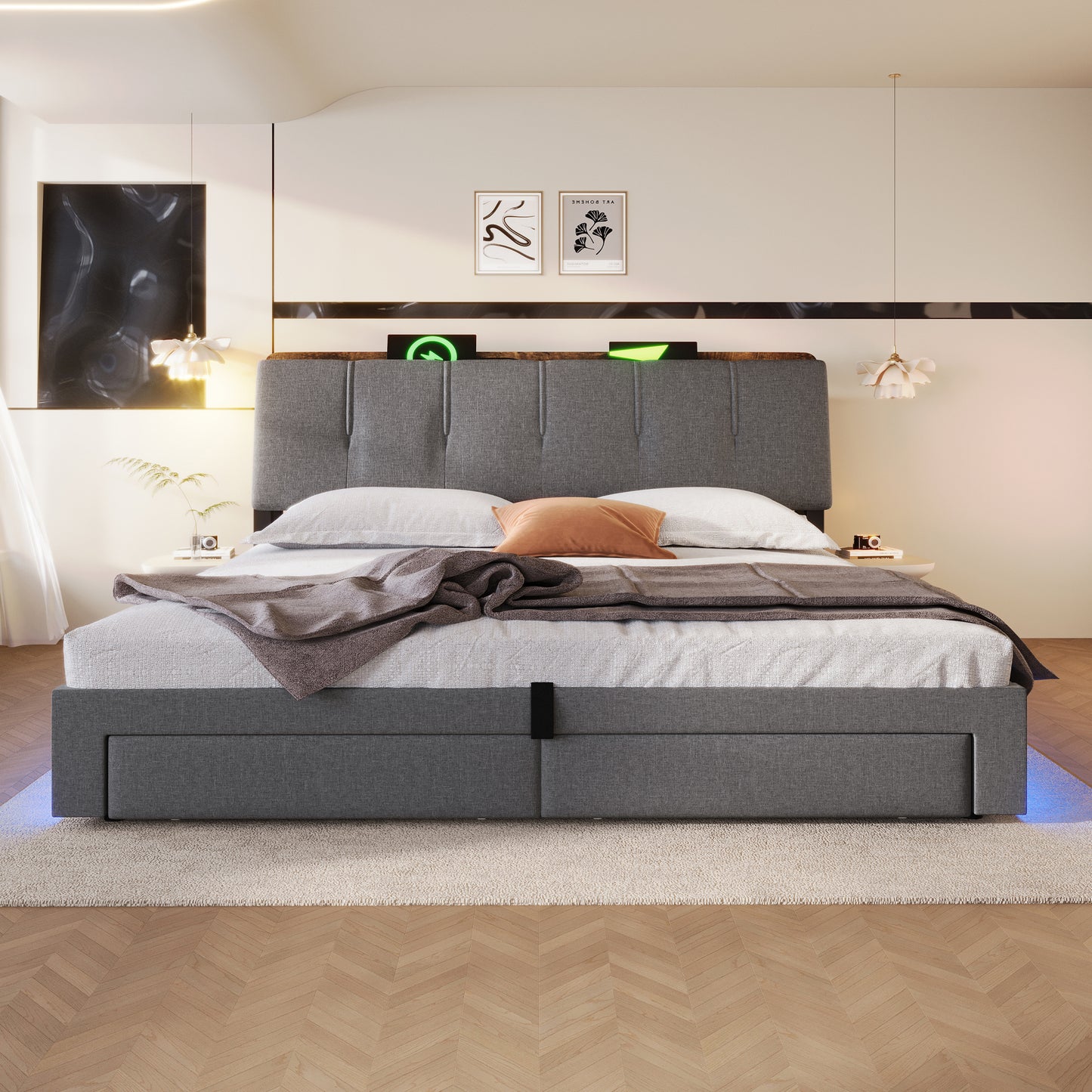 Upholstered Bed, 180x200 Cm, Hydraulic Storage, With USB Type-C Charging Function, Without Mattress, Multifunctional Storage, LED Lighting, Pushbutton Appdien, Linen, Grey