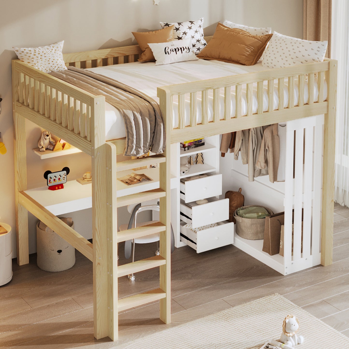Loft Bed, 140x200cm , Desk, Wardrobe, 3 Drawers, Open Storage Space, Railing, Stairs, Without Mattress, Natural