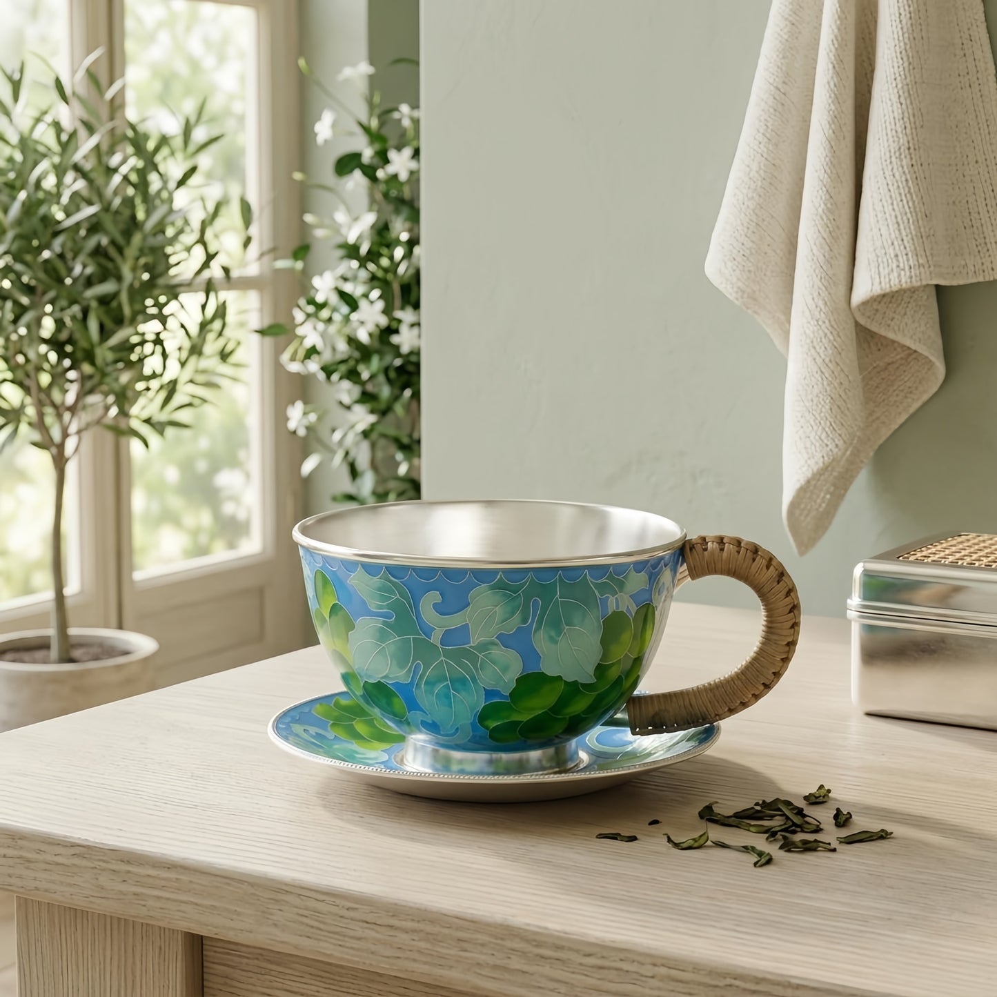 Pure 999 Fine Silver Handcrafted Silver Lined Blue Floral Cloisonné Tea Cup and Saucer Set with Rattan Wrapped Handle - Handicraft