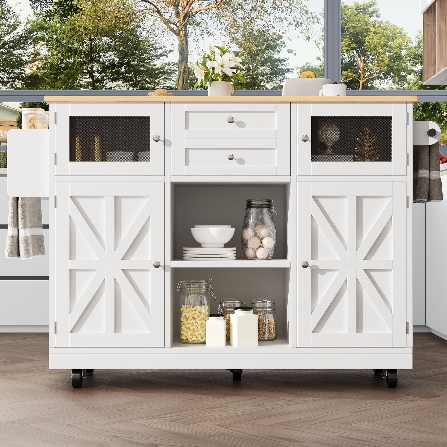 Kitchen Island, Dining Cart With Worktop, Buffet Cabinet, Wood-Grain Dining Cart, Side Towel Rail, Three-Dimensional Cabinet Doors With Casters, Adjustable Dividers, White