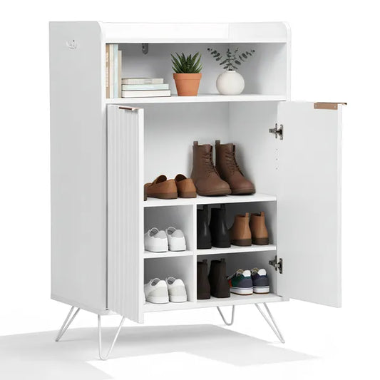 Shoe Cabinet With Grille Panel, Two Doors, Open Top, And Two Hooks On The Legs, Particleboard Cabinet Body, MDF Vacuum-formed Doors, 68x40x106mm, White