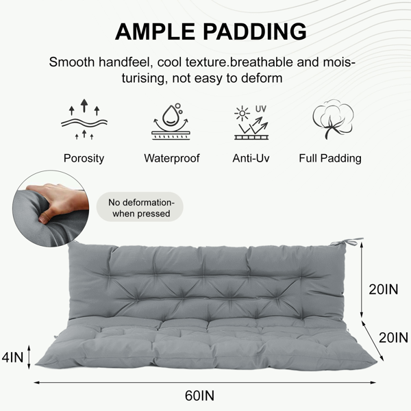 Outdoor Swing Cushions 60 Inch, Waterproof 4inch Thick Porch Swing Cushion Replacement With Backrest And Ties, Comfortable 2-3 Seat Pation Swing Pad For Backyard, Garden, Lawn, Outdoor Furniture