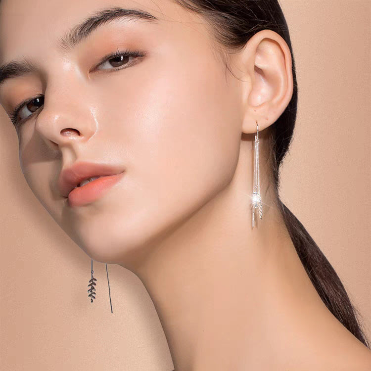 1 Pair 999 Sterling Silver 3D Wheat Ear Long Tassel Threader Earrings, Fresh & Elegant, Perfect For Daily, Dating & Gifting, Ideal Valentine's Gift