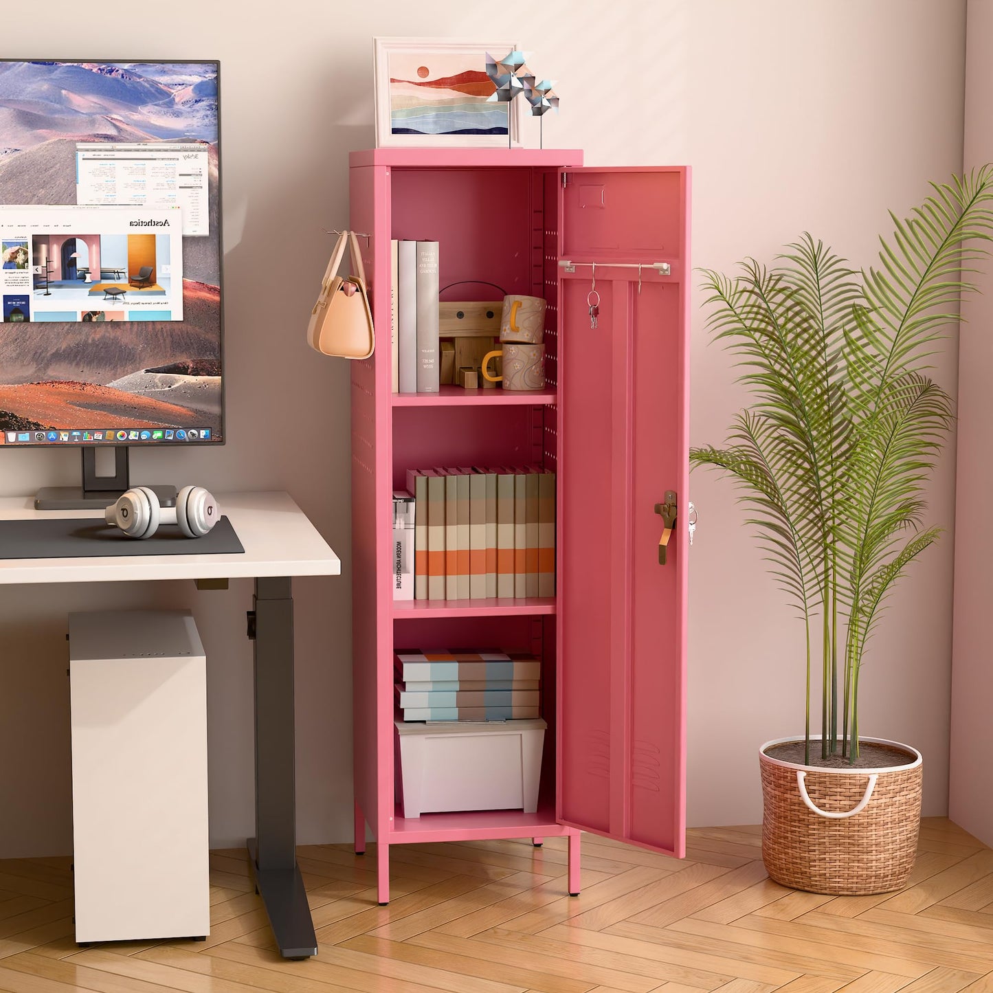 SUPEER Lockable Metal Lockers With Handle And Keys,Metal Storage Locker With 2 Pegboard & 5 Hooks For Home,Office,School,54.45inch H X 15inch W X 15inch,Pink,Required Assembly