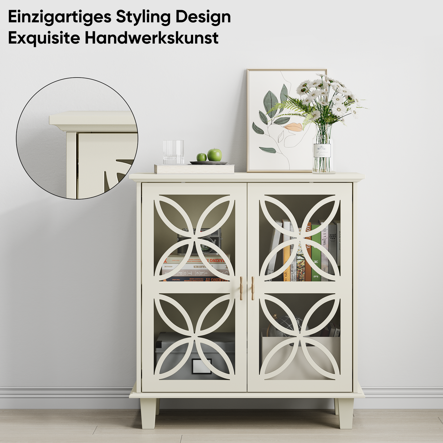 Sideboard With Adjustable Shelves, Freestanding Bathroom Cabinet With Hard Glass Doors, Modern Retro Kitchen Console Table, Decorative Storage Cabinet With Two Doors, Cream
