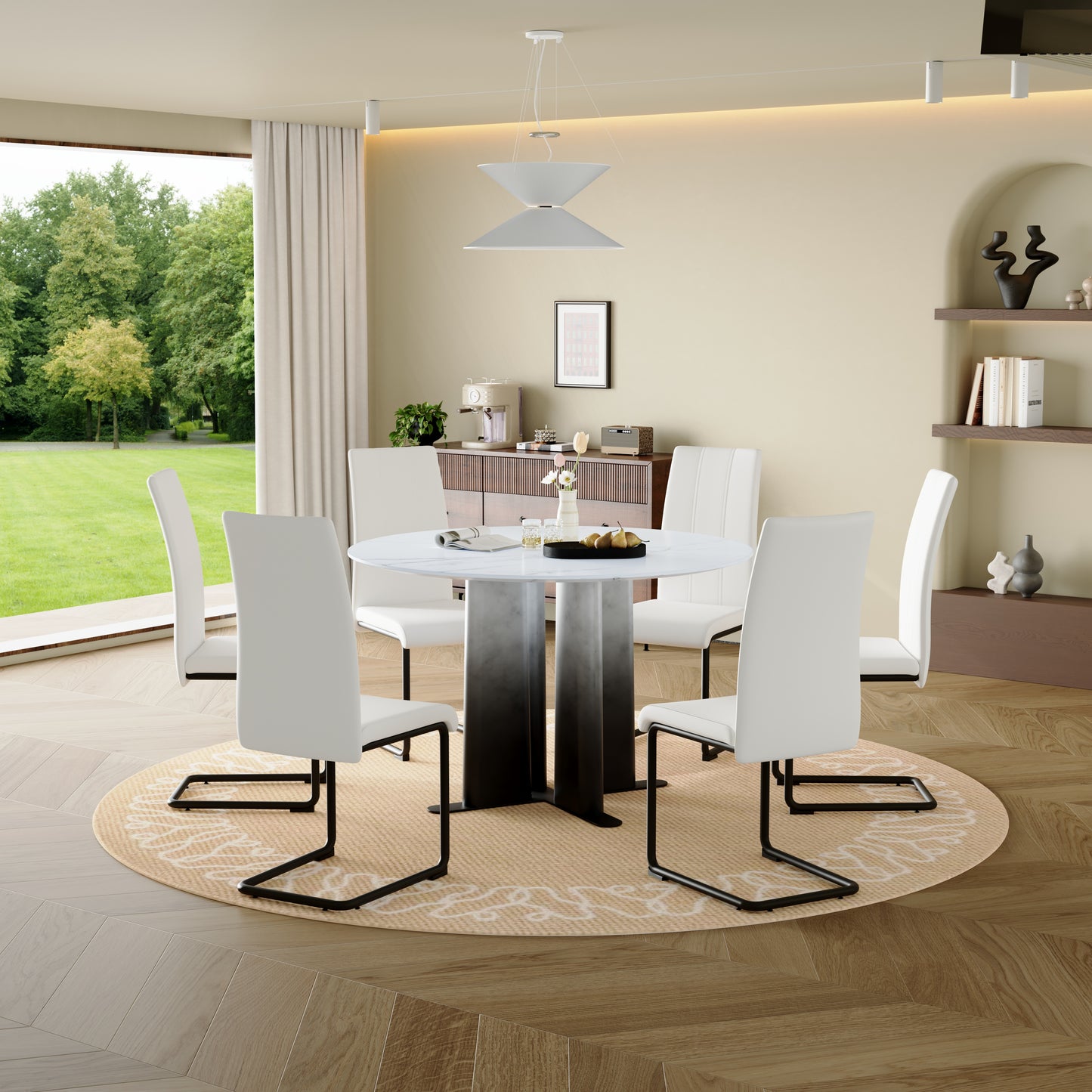 Round White Marble Pattern MDF Dining Table, Black & White Gradient Legs With Cross Base, Compact 2-4 Person Kitchen Table For Small Spaces Home Modern Dining Room Furniture