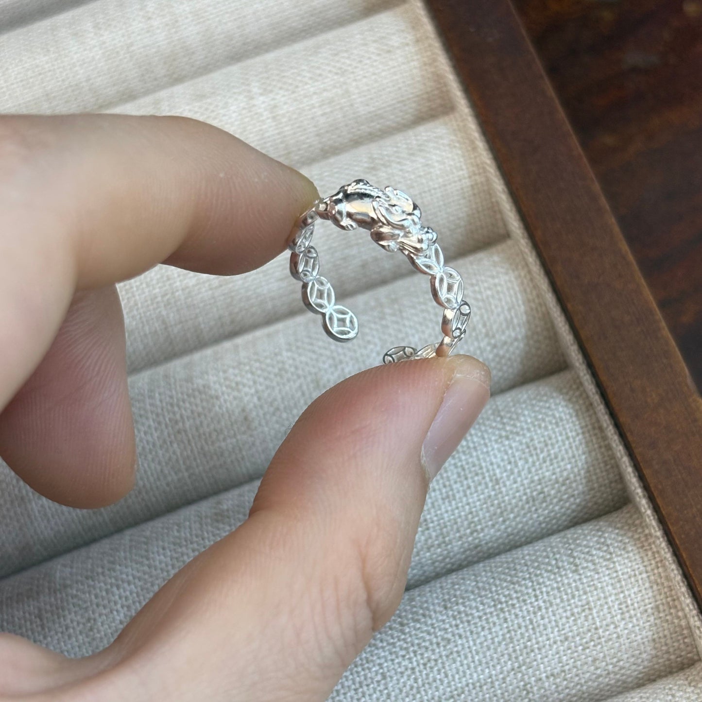 1pc 999 Sterling Silver Pixiu Coin Chain Open Ring, Lucky Retro Style, Perfect For Daily Wear And Holiday Gift
